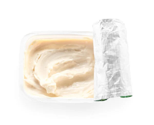 Conteneur Plastique Avec Savoureux Fromage Crème Sur Fond Blanc — Photo