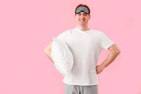 Young Man Soft Pillow Pink Background — Stock Photo, Image