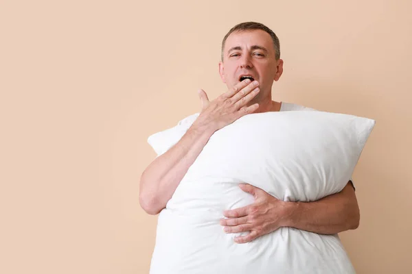 Mature Man Soft Pillow Yawning Beige Background — Stock Photo, Image