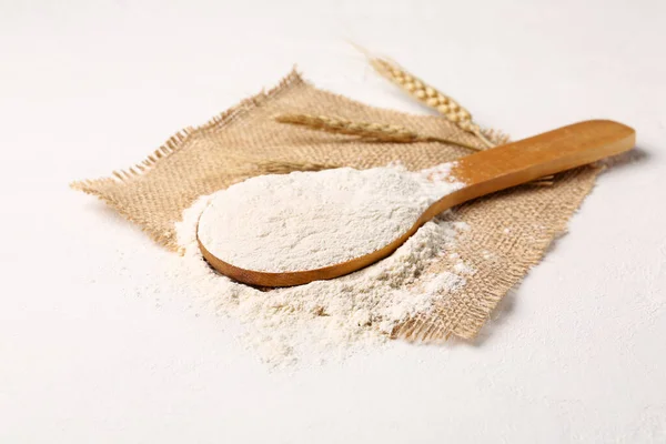Wooden Spoon Flour Wheat Ears White Background — Stock Photo, Image