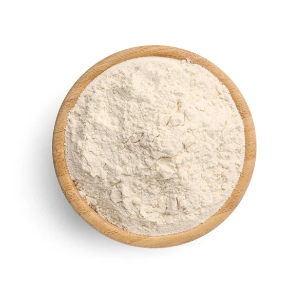 Wooden Bowl Wheat Flour White Background — Zdjęcie stockowe
