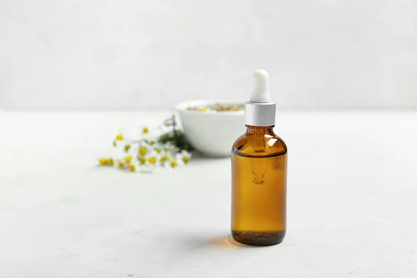 Bottle Essential Oil Dried Fresh Chamomile Flowers Light Background — Stock Photo, Image