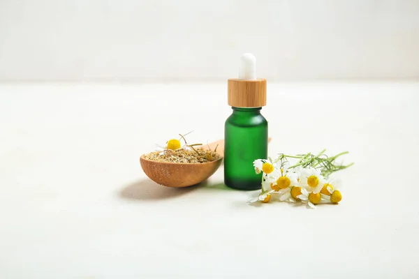 Bottle Essential Oil Fresh Dried Chamomile Flowers Light Background — Stock Photo, Image