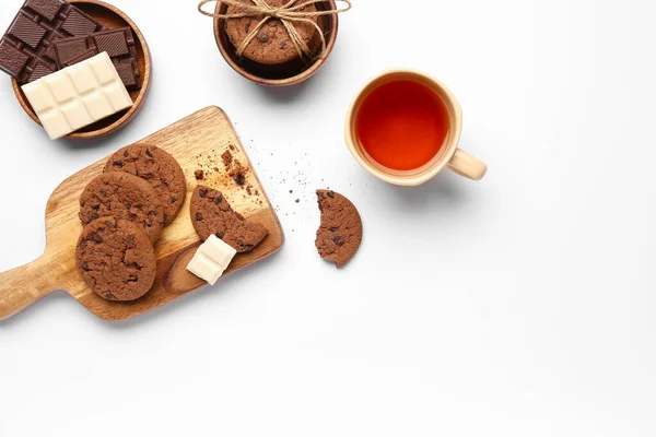 Wooden Board Cookies Chocolate Cup Tea White Background — Stock Photo, Image