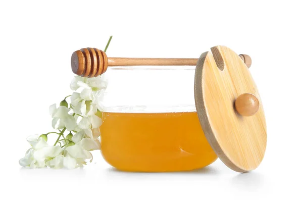 Jar Honey Flowers Acacia White Background — Stock Photo, Image
