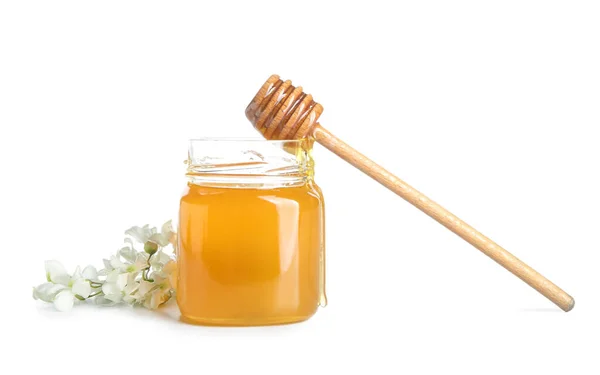Potje Honing Met Bloemen Van Acacia Witte Achtergrond — Stockfoto