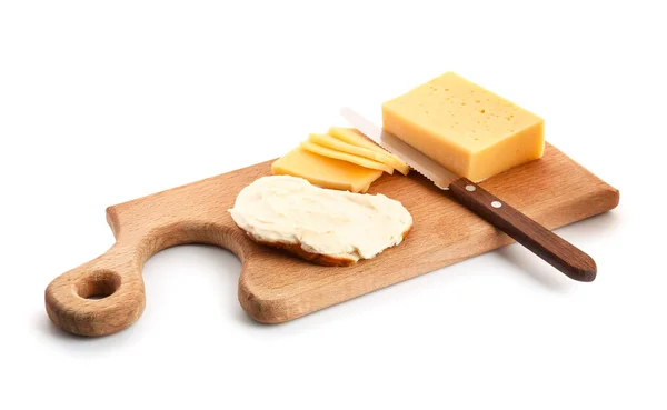Wooden Board Tasty Sandwich Cream Hard Cheese White Background — Stock Photo, Image