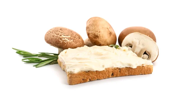 Tasty Toast Cream Cheese Mushrooms White Background — Stock Photo, Image