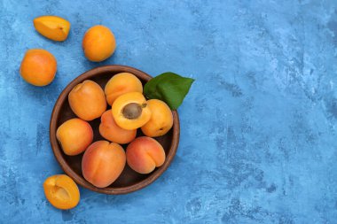 Mavi arka planda taze kayısılar ve yapraklarla dolu bir kase.