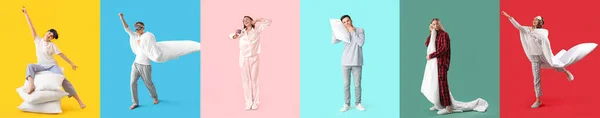 Collage Ungdomar Pyjamas Med Mjuka Kuddar Filtar Kaffe Och Sovmasker — Stockfoto