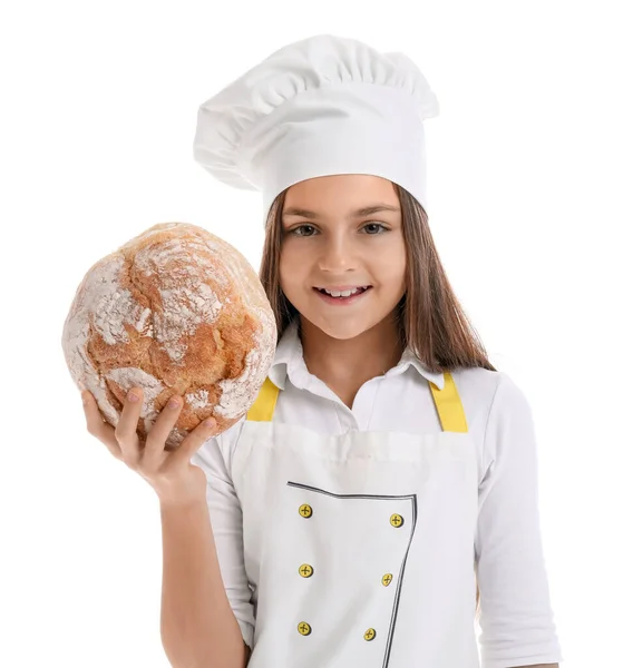 Little Baker Fresh Bread White Background — Stok fotoğraf