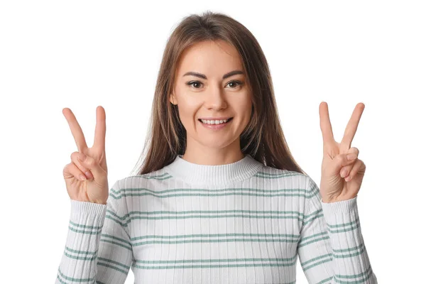 Beautiful Woman Striped Shirt Showing Victory Gesture White Background — Stock Photo, Image