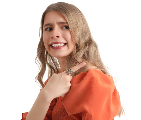 Confused Woman Pointing Something White Background Closeup — Stock Photo, Image