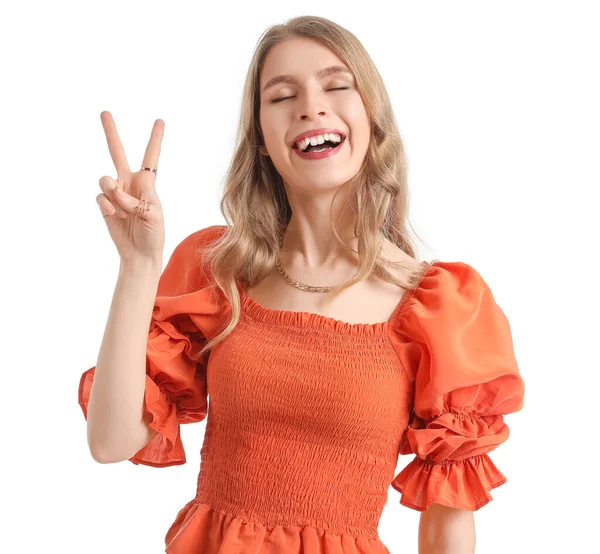 Young Woman Showing Victory Gesture White Background — Stock Photo, Image