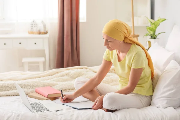 Mature Woman Chemotherapy Writing Bedroom — Stock Photo, Image