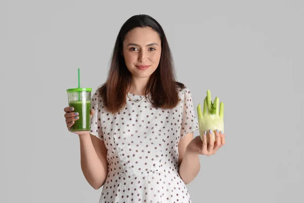 Young Woman Glass Vegetable Juice Celery Grey Background — Stock Photo, Image