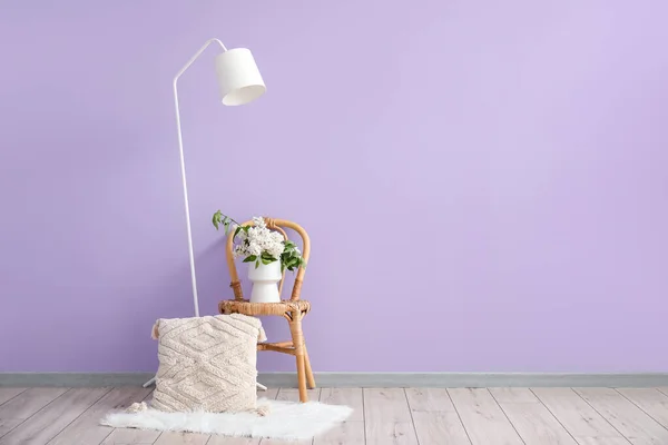 Vase Lilac Flowers Chair Pillow Lamp Room — Stock Photo, Image
