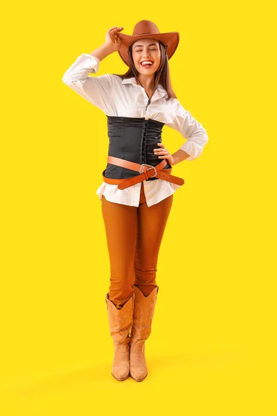 Beautiful Cowgirl Yellow Background — Stock Photo, Image