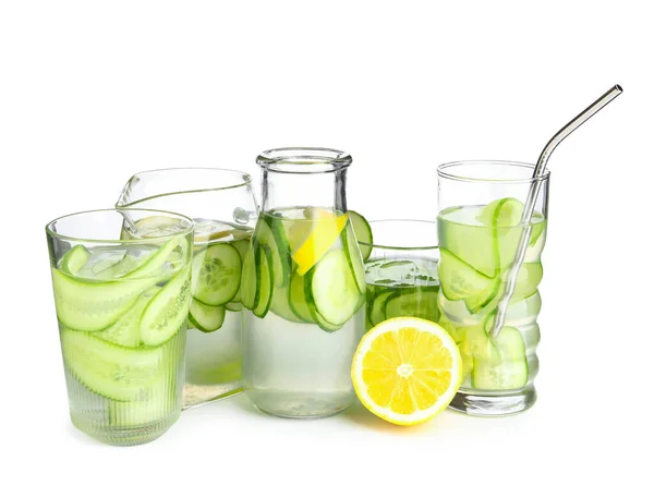 Glasses Bottle Jug Infused Water Cucumber Slices White Background — Stock Photo, Image