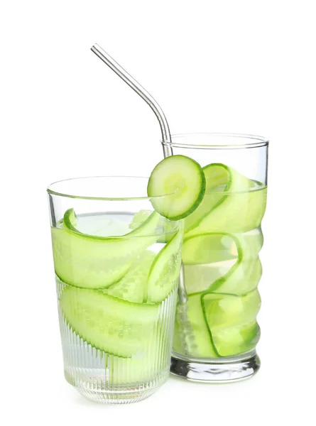 Glasses Infused Water Cucumber Slices White Background — Stock Photo, Image
