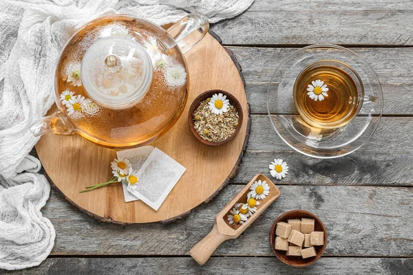 Cup Hot Chamomile Tea Teapot Wooden Background — Stock Photo, Image