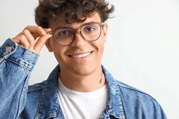 Young Man Stylish Eyeglasses Light Background Closeup — Stock Photo, Image