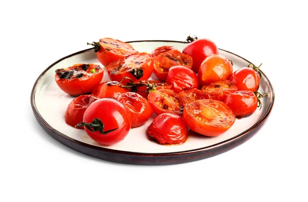 白い背景においしい焼きトマトとプレート — ストック写真