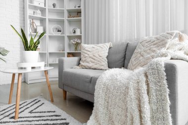 Aydınlık oturma odasındaki yastıklı rahat bir kanepe.