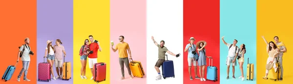 Conjunto Jóvenes Turistas Con Maletas Sobre Fondo Color — Foto de Stock