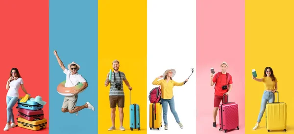 Collage Junger Touristen Auf Farbigem Hintergrund — Stockfoto