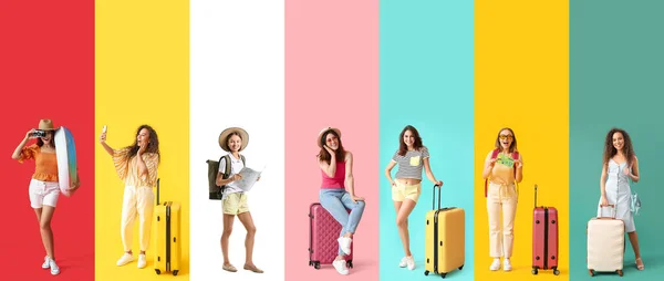 Collage Young Female Tourists Color Background — Stock Photo, Image