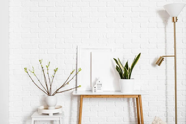 Vase Plant Branches Houseplant Blank Picture Frames Table Light Brick — Stock Photo, Image
