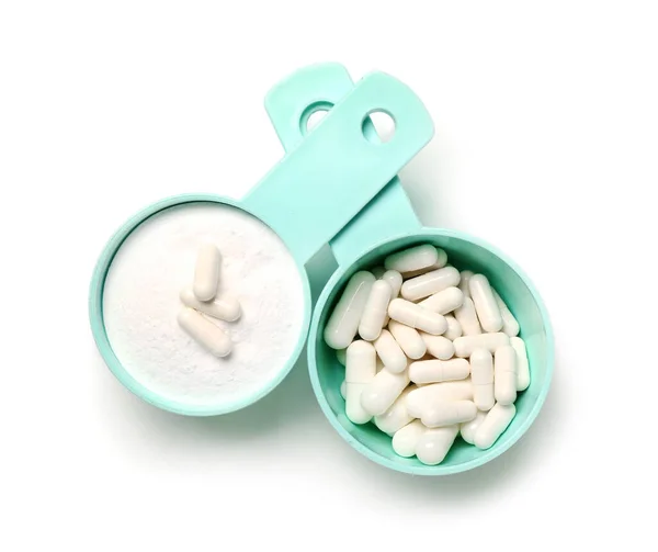 Scoops Amino Acid Pills Powder White Background — Stock Photo, Image