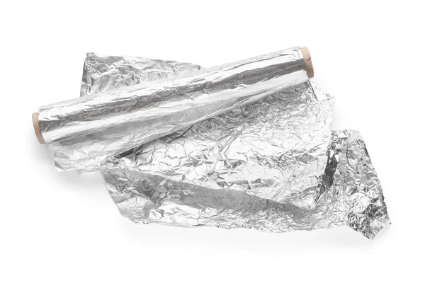 Alumíniumfólia Tekercs Gyűrött Lemez Fehér Alapon — Stock Fotó