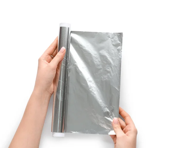 Female Hands Roll Aluminium Foil White Background Closeup — Stock Fotó