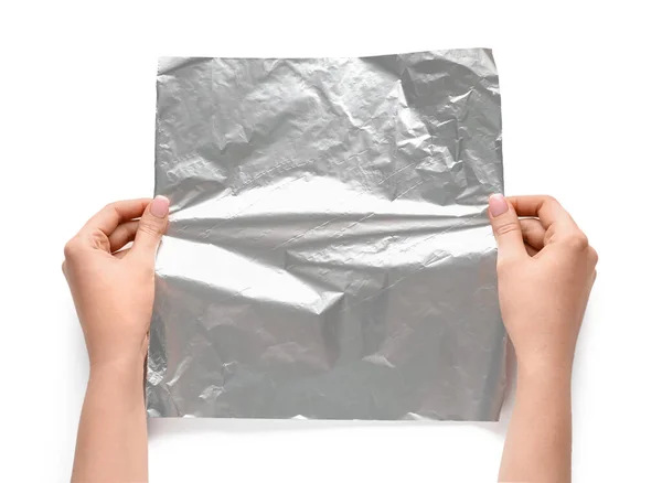 Female Hands Sheet Aluminium Foil White Background Closeup — Stock Photo, Image