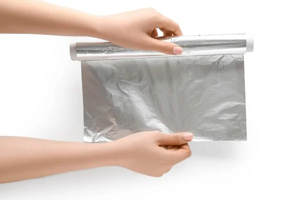 Female Hands Roll Aluminium Foil Isolated White Background Closeup — Stock Photo, Image