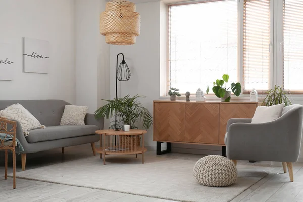 Interior Light Living Room Grey Sofa Wooden Cabinet Armchair — Stock Photo, Image