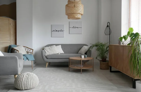 Interior Light Living Room Grey Sofa Wooden Cabinet Armchairs — Stock Photo, Image