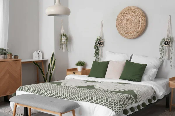 Interior Light Bedroom Cozy Bed Wooden Cabinet Hanging Houseplants — Stock Photo, Image
