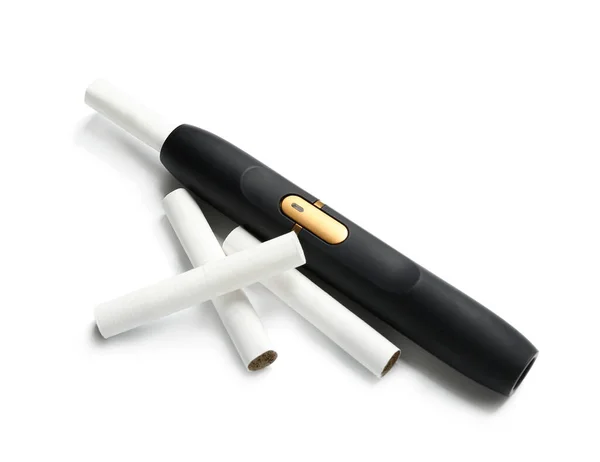 Cigarrillo Electrónico Moderno Con Palos Aislados Sobre Fondo Blanco — Foto de Stock