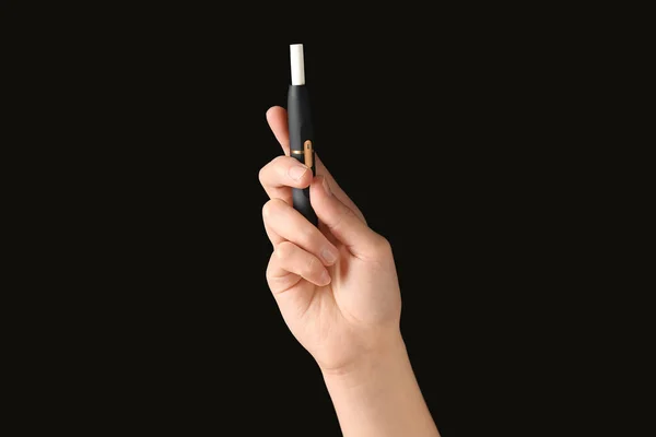 Female Hand Holding Modern Electronic Cigar Stick Black Background — Stock Photo, Image