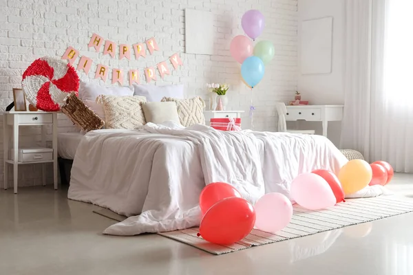 Interior Bedroom Decorated Birthday Balloons Pinata Garland — Stock Photo, Image