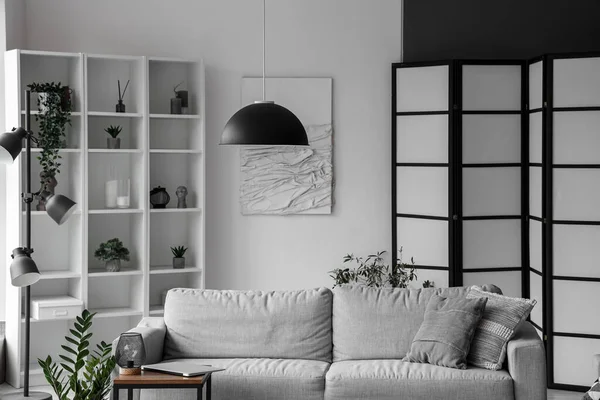 Interior Light Living Room Cozy Grey Sofa Modern Laptop Coffee — Stock Photo, Image