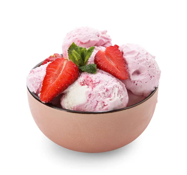 Bowl Delicious Ice Cream Scoops Fresh Strawberries Mint Isolated White — Stock Photo, Image
