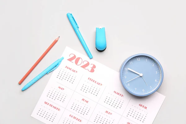 Calendar Pencils Clock Grey Background — Stock Photo, Image