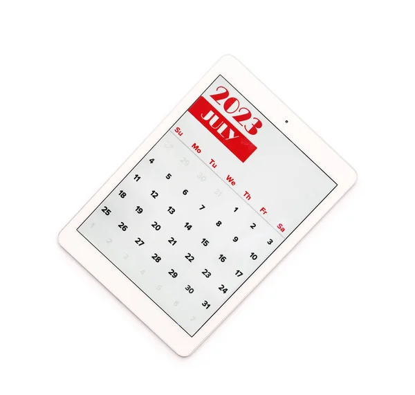 Современный Планшетный Компьютер Календарём Белом Фоне — стоковое фото