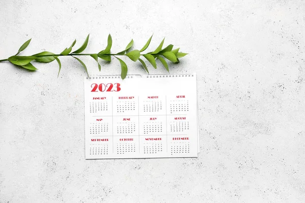 Calendario Ramo Verde Della Pianta Sfondo Grunge Bianco — Foto Stock