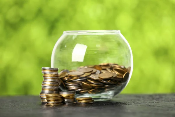 Jar Coins Table Blurred Green Nature Background Savings Concept — Stock Photo, Image