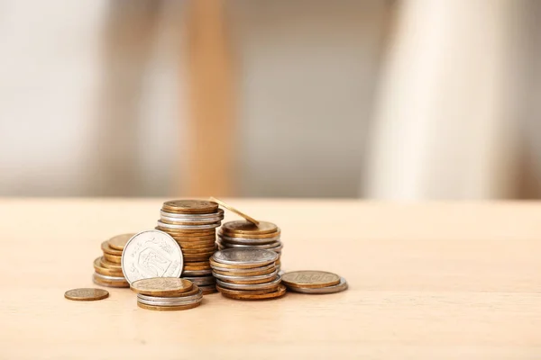 Stacks Coins Wooden Table Blurred Background — Stock Photo, Image